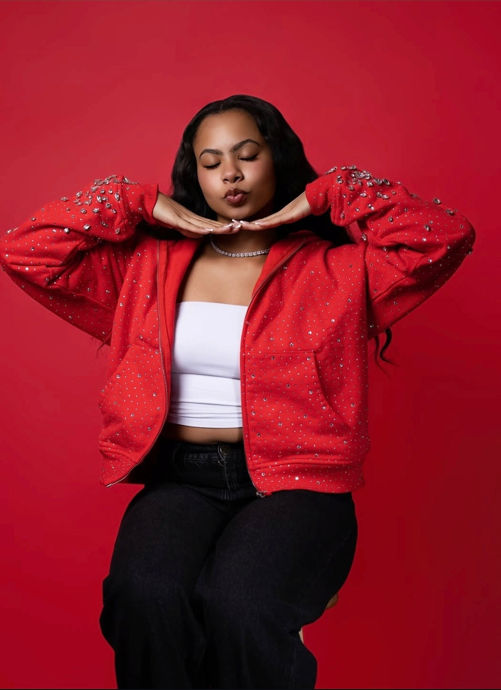 RED ROSE RHINESTONE ZIP UP