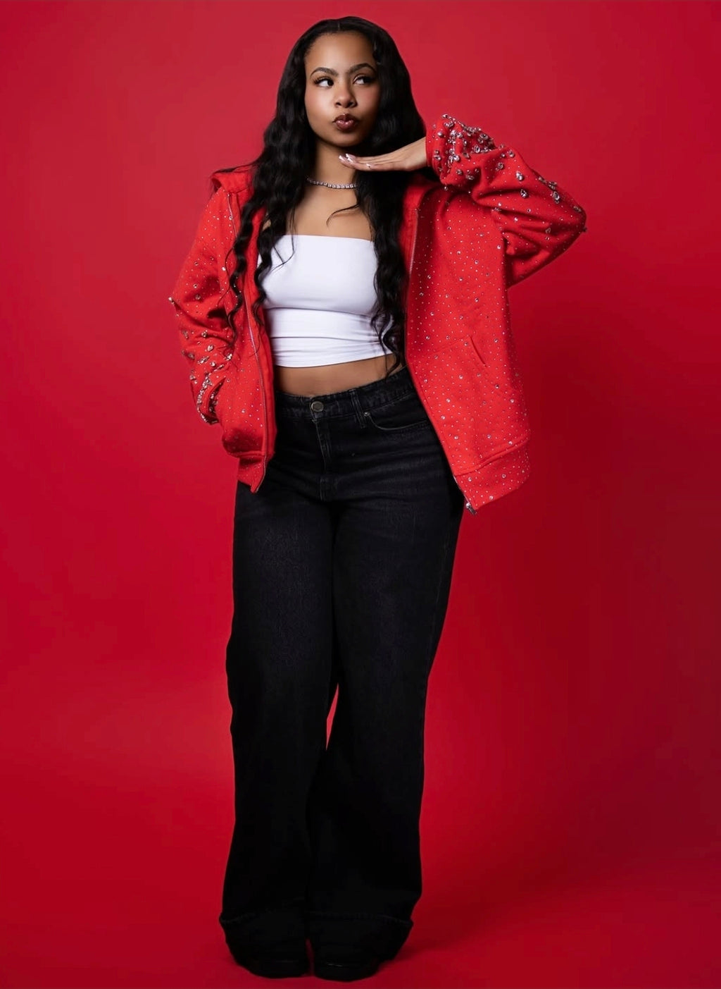 RED ROSE RHINESTONE ZIP UP