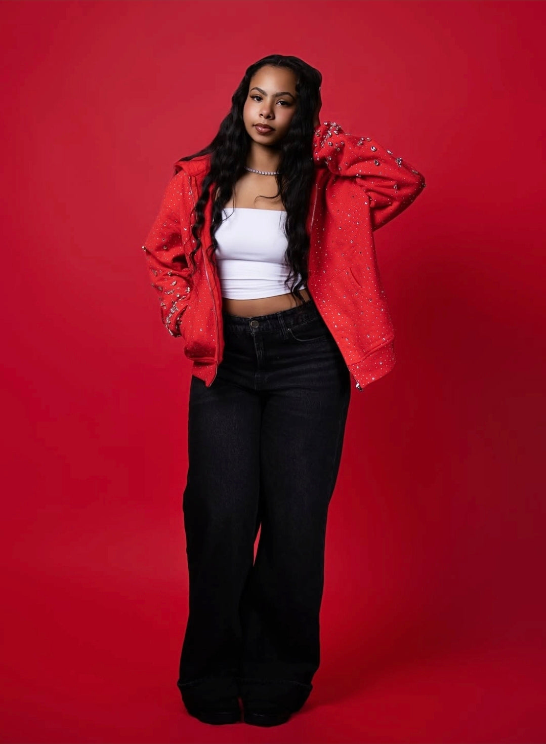 RED ROSE RHINESTONE ZIP UP